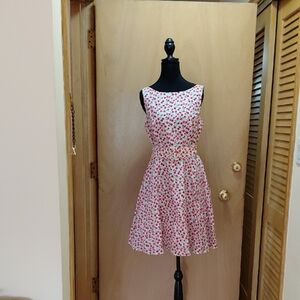 Floral Fit-and-Flare Sleeveless Dress — White with Red Floral Print.  VINTAGE